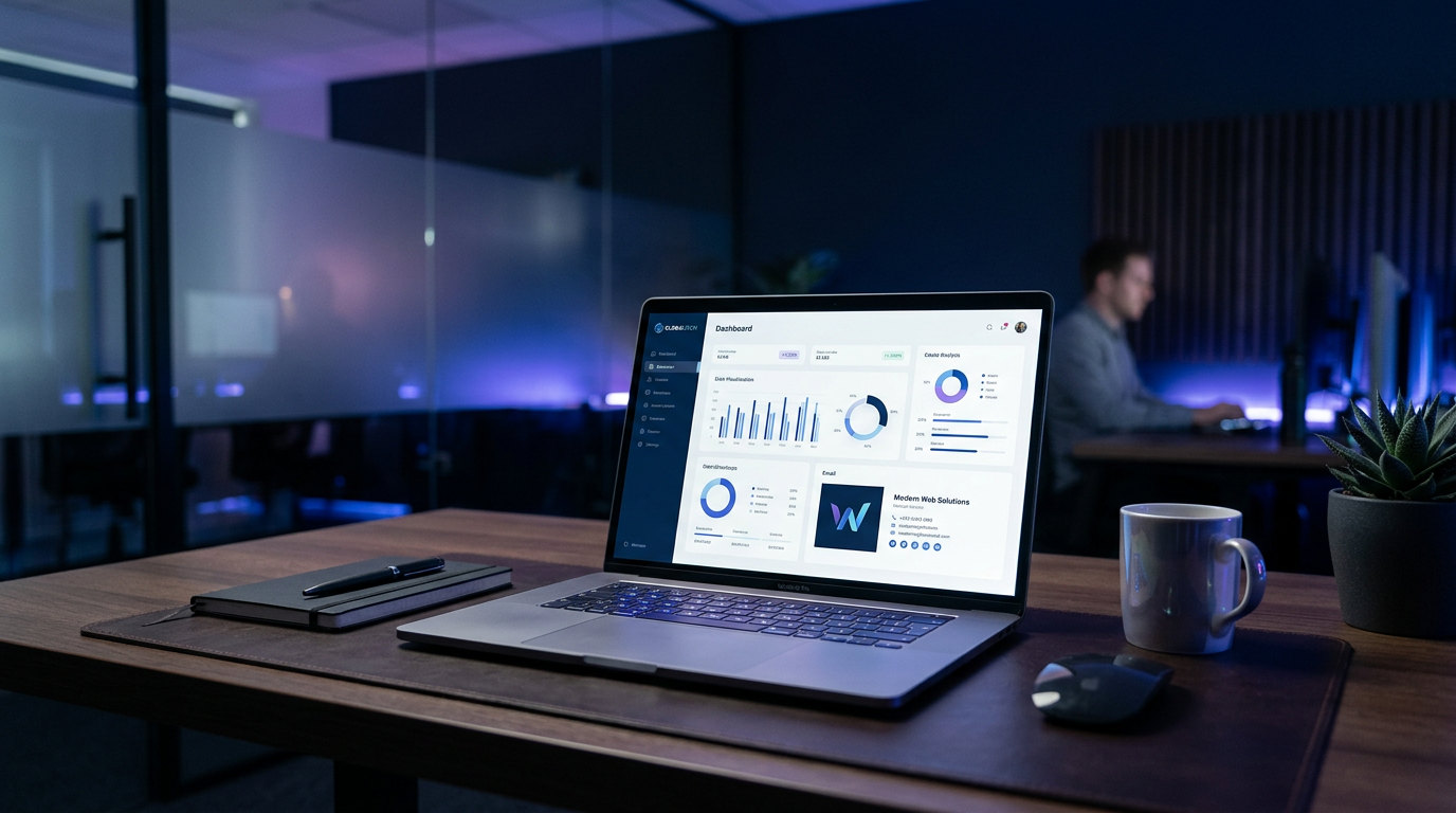 Professional business workspace with a branded laptop dashboard